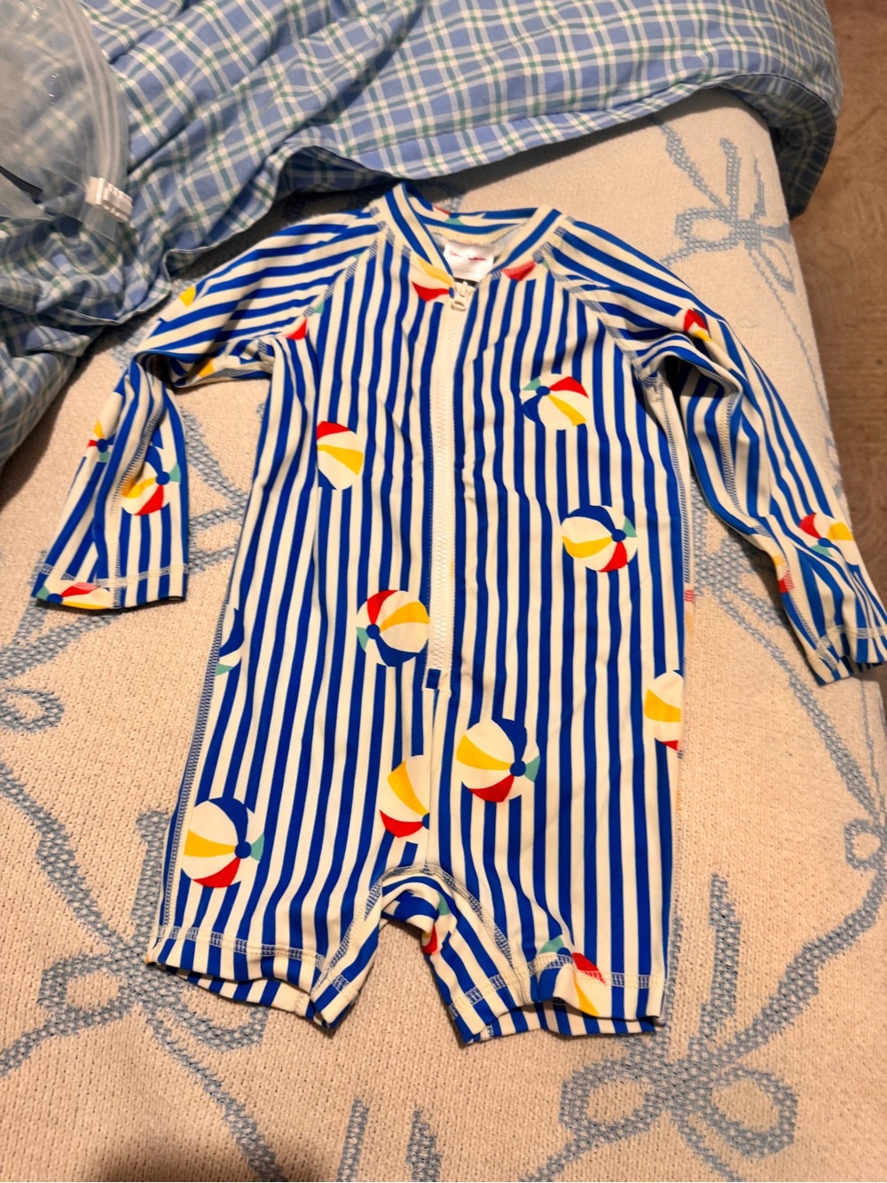 Hanna Andersson Blue & White Striped One-Piece with Beach Ball Print
